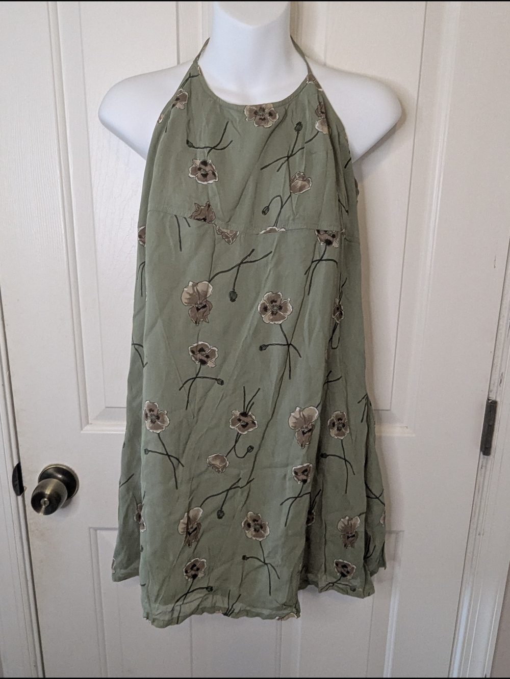 Vtg American Eagle Floral Halter Mini Dress Green Y2K 90s Boho Cottagecore 10